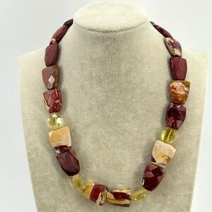 Chunky Red Mookaite Jasper & Citrine Statement Necklace Earthy Stone Beads 20"